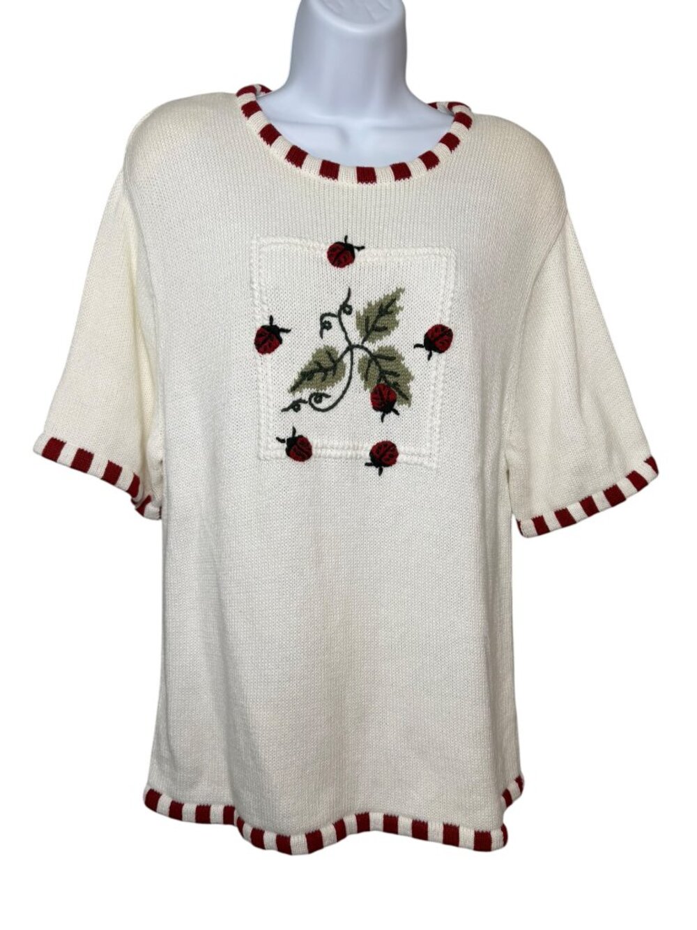 Christopher & Banks XL Ladybug Embroidered Ramie Cotton Short Sleeve Sweater
